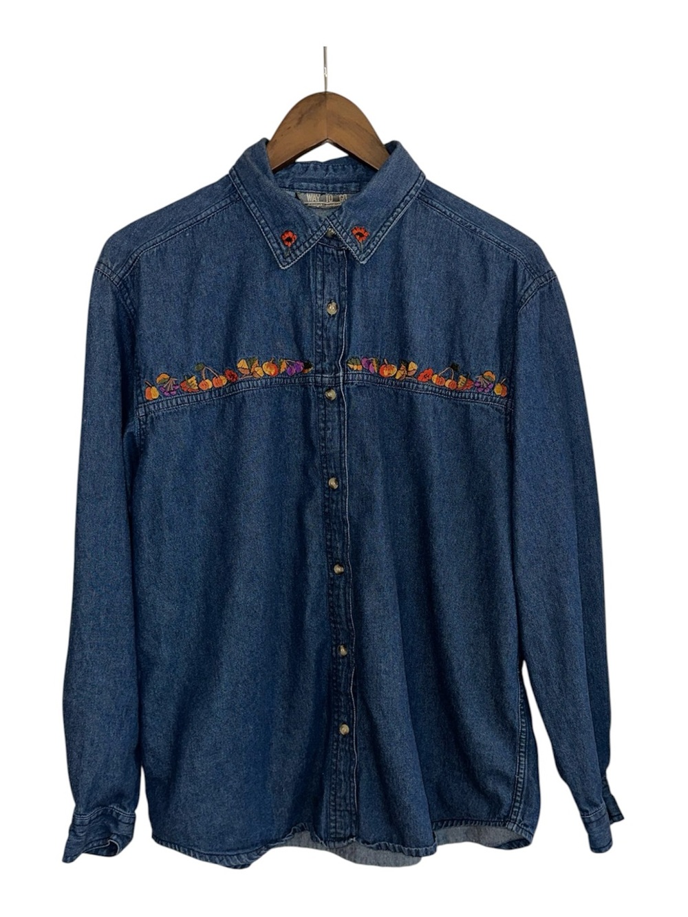 Way To Go embroidered dark wash denim long sleeve shirt fall women L